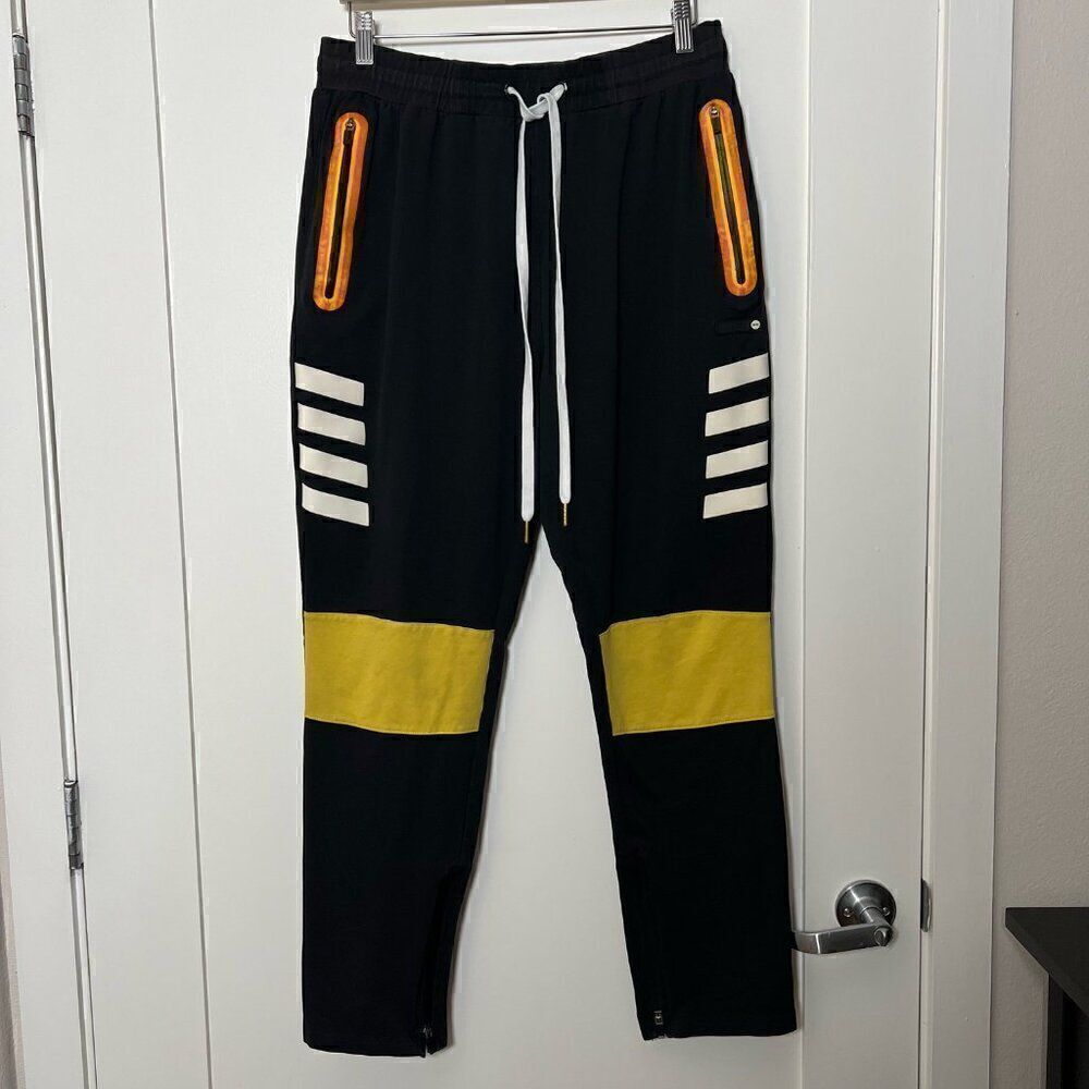 Makobi Mens Track Pants Joggers XL Black Yellow Zipper Drawstring Straight Leg